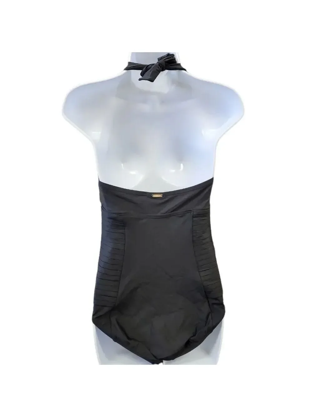 CALVIN Klein Women's Halter Top Pleated One Piece Swimsuit with Removable Cups